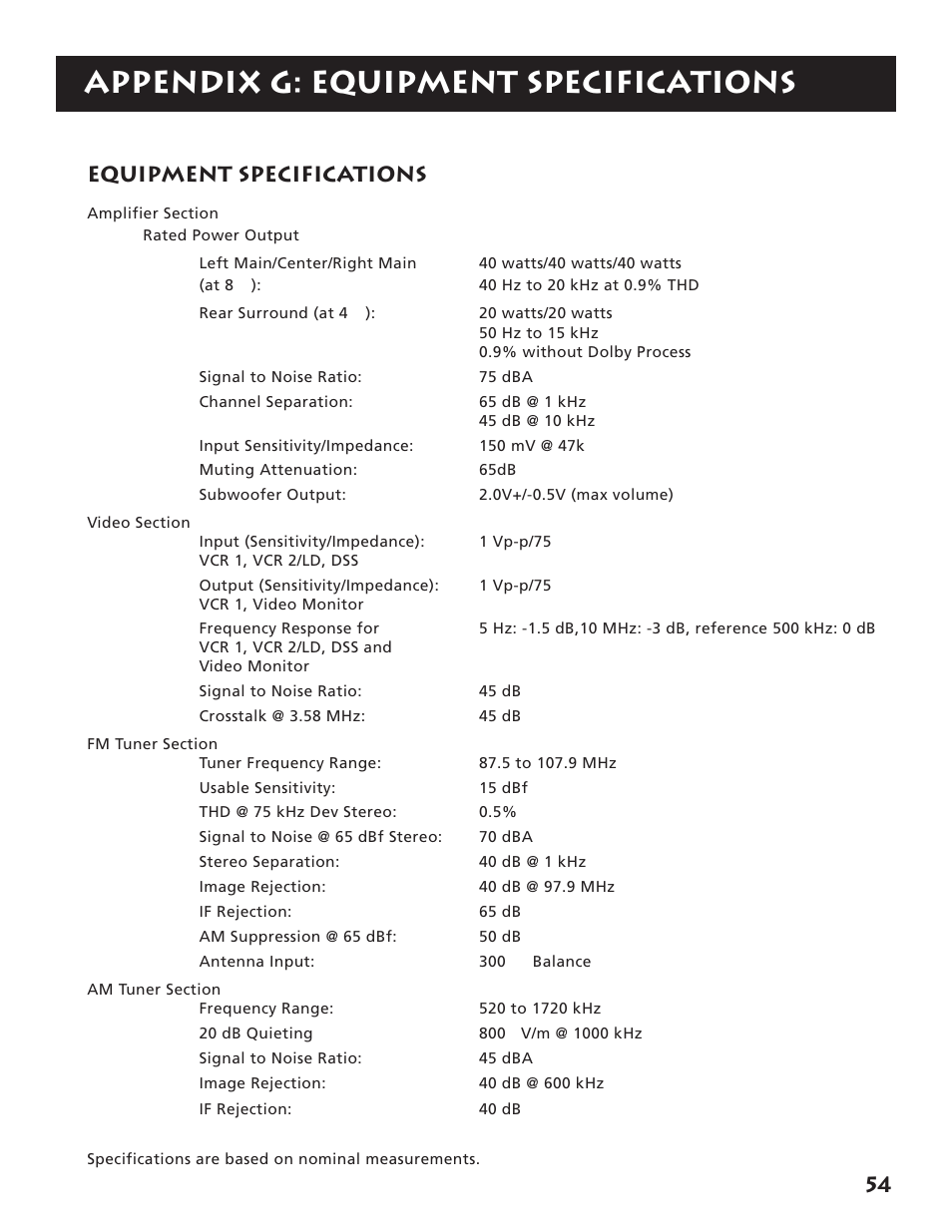 Appendix g: equipment specifications, Equipment specifications | RCA RV3693 User Manual | Page 56 / 62