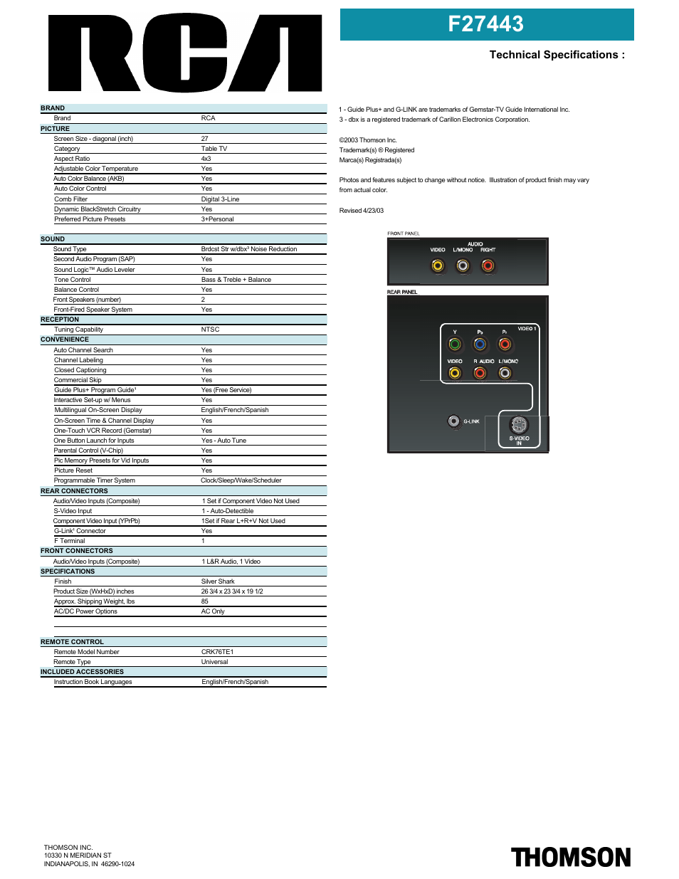 Technical specifications | RCA F27443 User Manual | Page 2 / 2