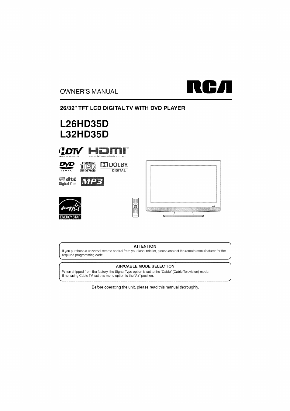 RCA LCD L26HD35D User Manual | 46 pages