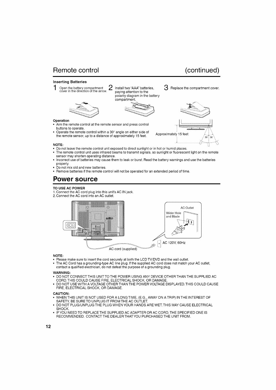 Inserting batteries, Power source, Remote control (continued) | RCA LCD L26HD35D User Manual | Page 12 / 46