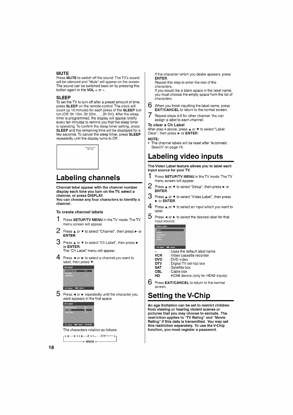 Labeling channels, Note, Labeling video inputs | Setting the v-chip | RCA LCD L26HD35D User Manual | Page 18 / 46