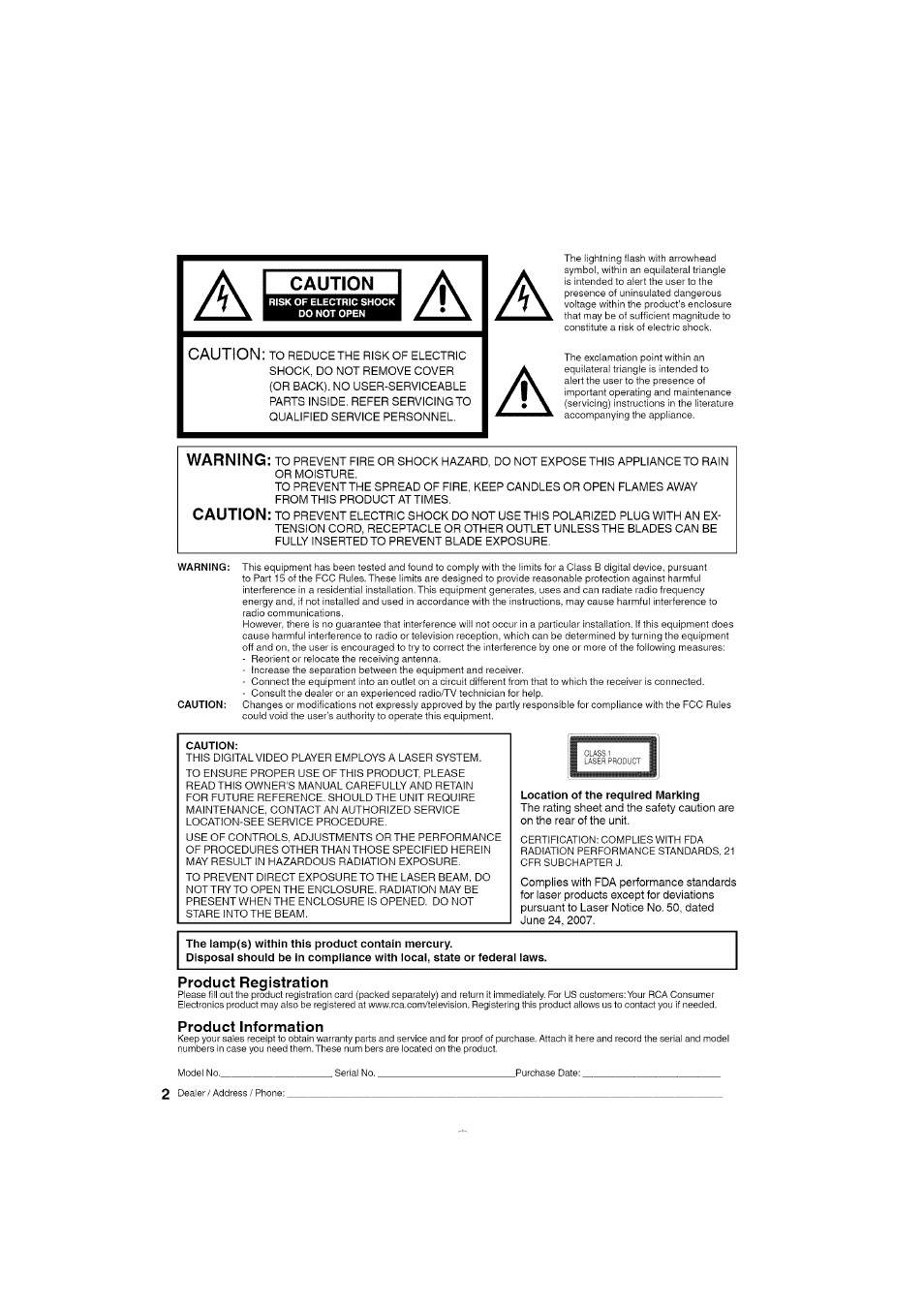 The lamp(s) within this product contain mercury, Caution i | RCA LCD L26HD35D User Manual | Page 2 / 46