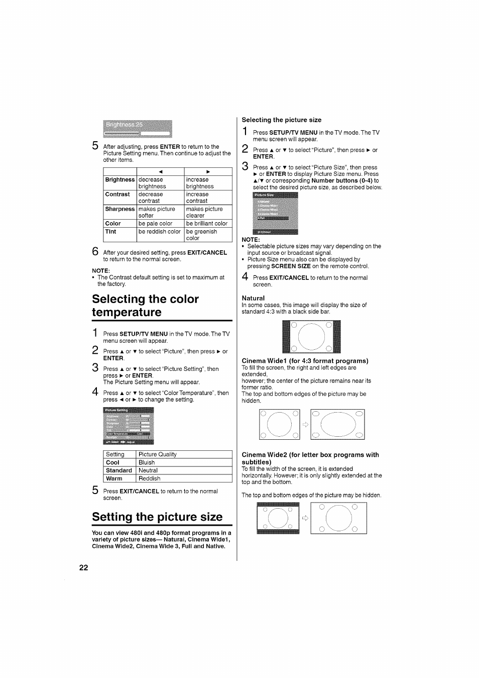 Selecting the color temperature, Setting the picture size, Selecting the color temperature 1 2 | RCA LCD L26HD35D User Manual | Page 22 / 46