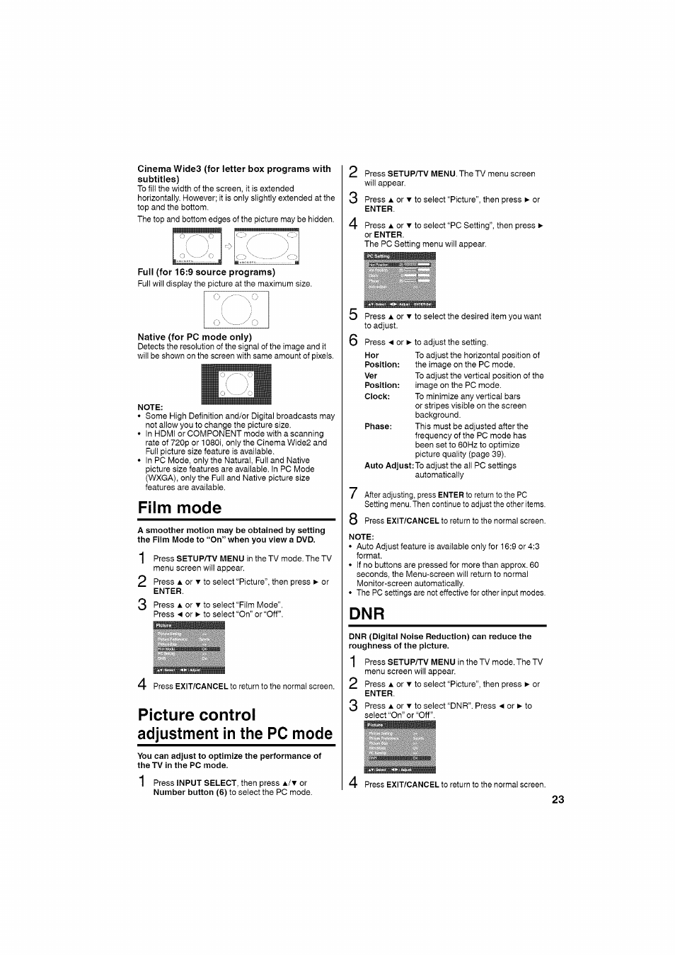 Note, Film mode, Picture control adjustment in the pc mode | RCA LCD L26HD35D User Manual | Page 23 / 46