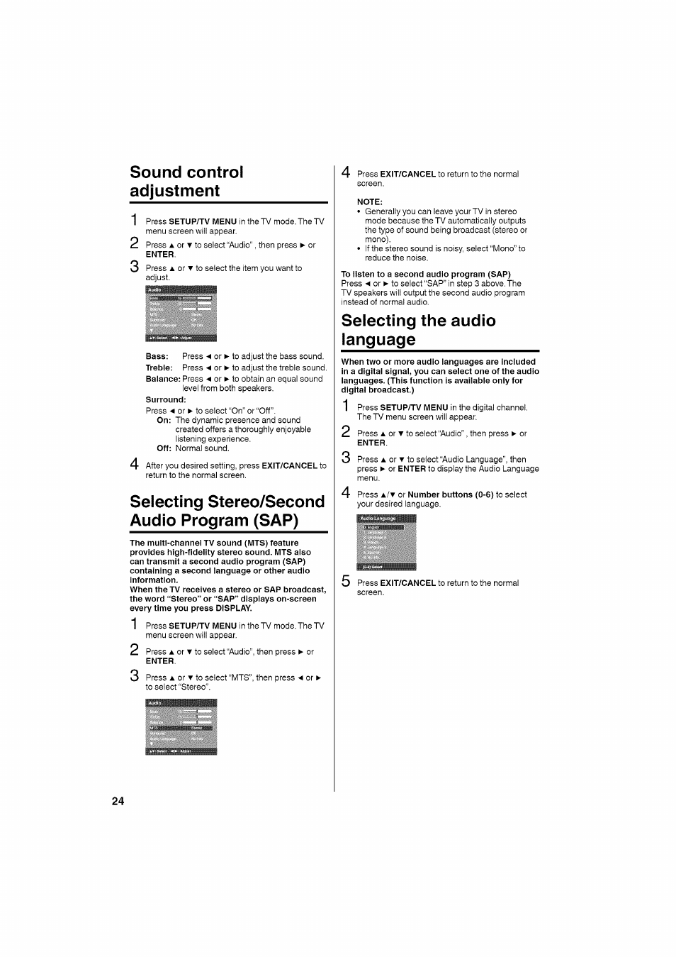 Sound control adjustment, Selecting stereo/second audio program (sap), Note | To listen to a second audio program (sap), Selecting the audio language, Sound control adjustment 1 2 | RCA LCD L26HD35D User Manual | Page 24 / 46