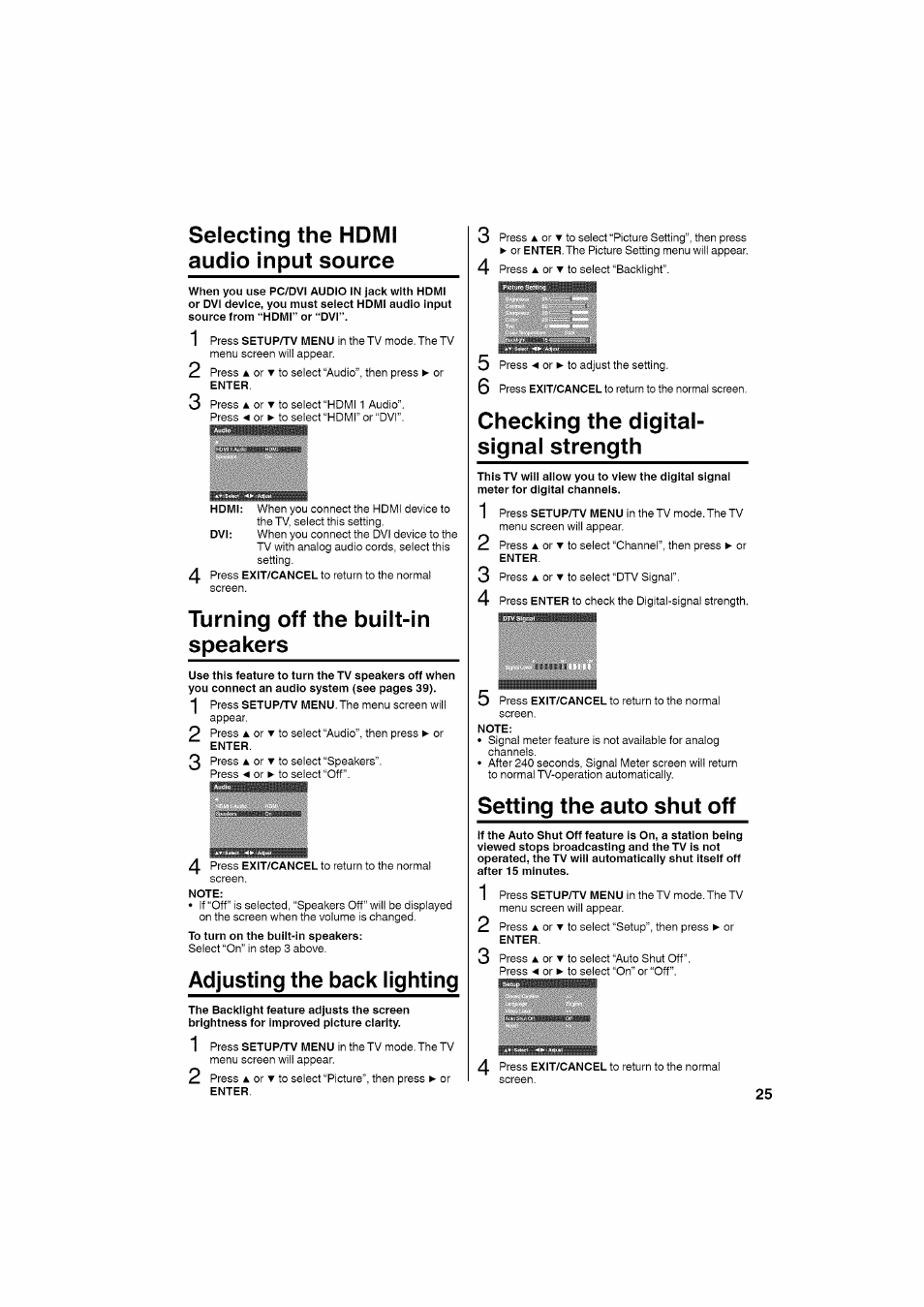 Selecting the hdmi audio input source, Turning off the built-in speakers, Note | Adjusting the back lighting, Checking the digitalsignal strength, Setting the auto shut off, Checking the digital­ signal strength | RCA LCD L26HD35D User Manual | Page 25 / 46
