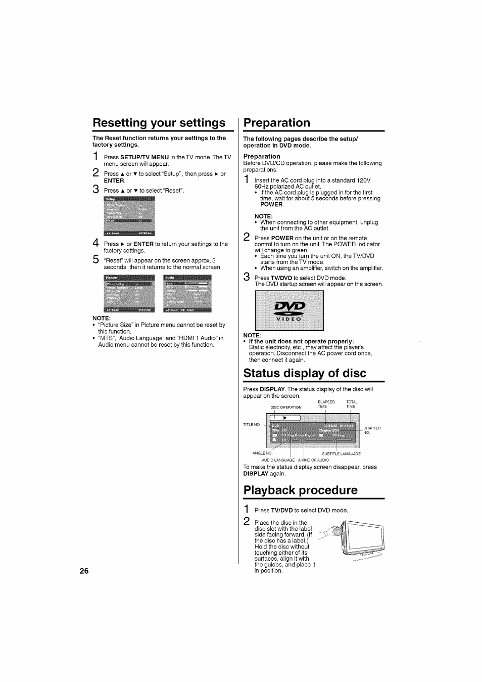 Resetting your settings, Note, Status display of disc | Playback procedure, Preparation, Playback procedure 1 | RCA LCD L26HD35D User Manual | Page 26 / 46