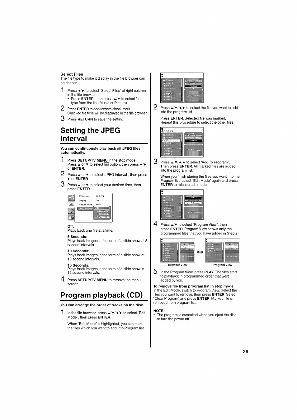 Setting the jpeg interval, Program playback (cd) | RCA LCD L26HD35D User Manual | Page 29 / 46