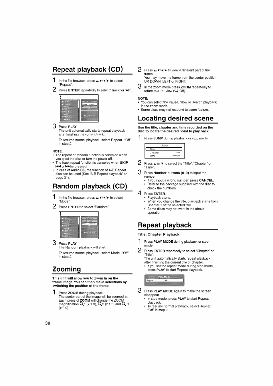 Repeat playback (cd), Note, Random playback (cd) | Zooming, Locating desired scene, 4 press enter, Repeat playback, Repeat playback (cd) random playback (cd), Locating desired scene repeat playback | RCA LCD L26HD35D User Manual | Page 30 / 46