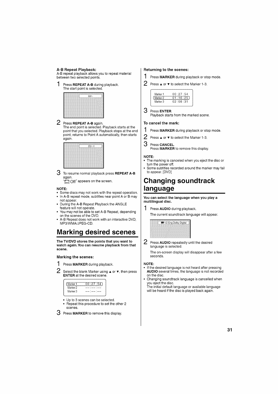 Note, Marking desired scenes, Marking the scenes | Changing soundtrack language | RCA LCD L26HD35D User Manual | Page 31 / 46