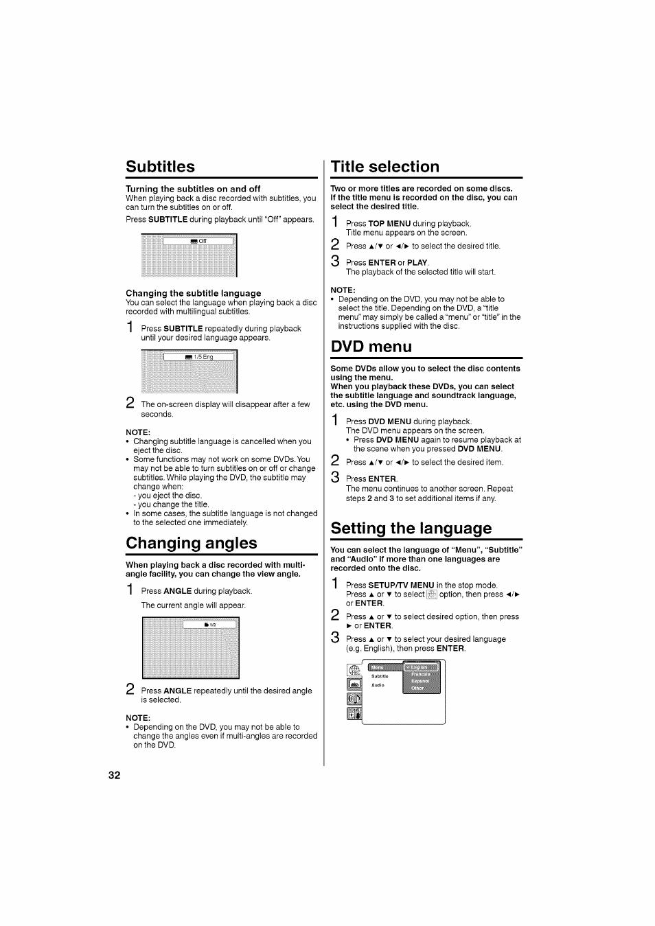 Note, Changing angles, Title selection | Two or more titles are recorded on some discs, Dvd menu, Setting the language, Subtitles | RCA LCD L26HD35D User Manual | Page 32 / 46