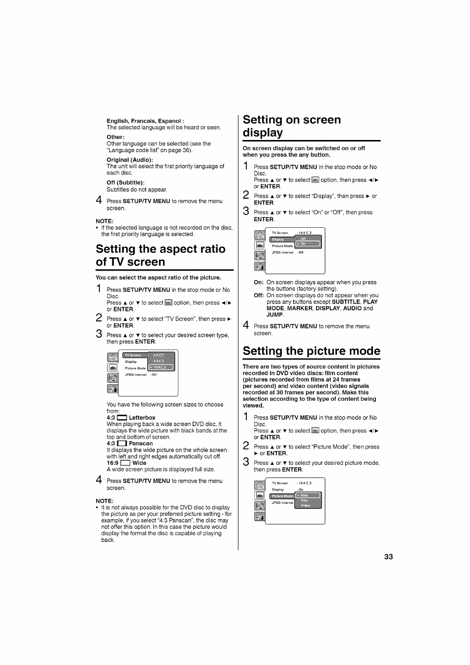 English, français, español, Other, Note | Setting the aspect ratio of tv screen, You can select the aspect ratio of the picture, 3 l~~l letterbox, 3 i i panscan, Setting on screen display, Setting the picture mode | RCA LCD L26HD35D User Manual | Page 33 / 46