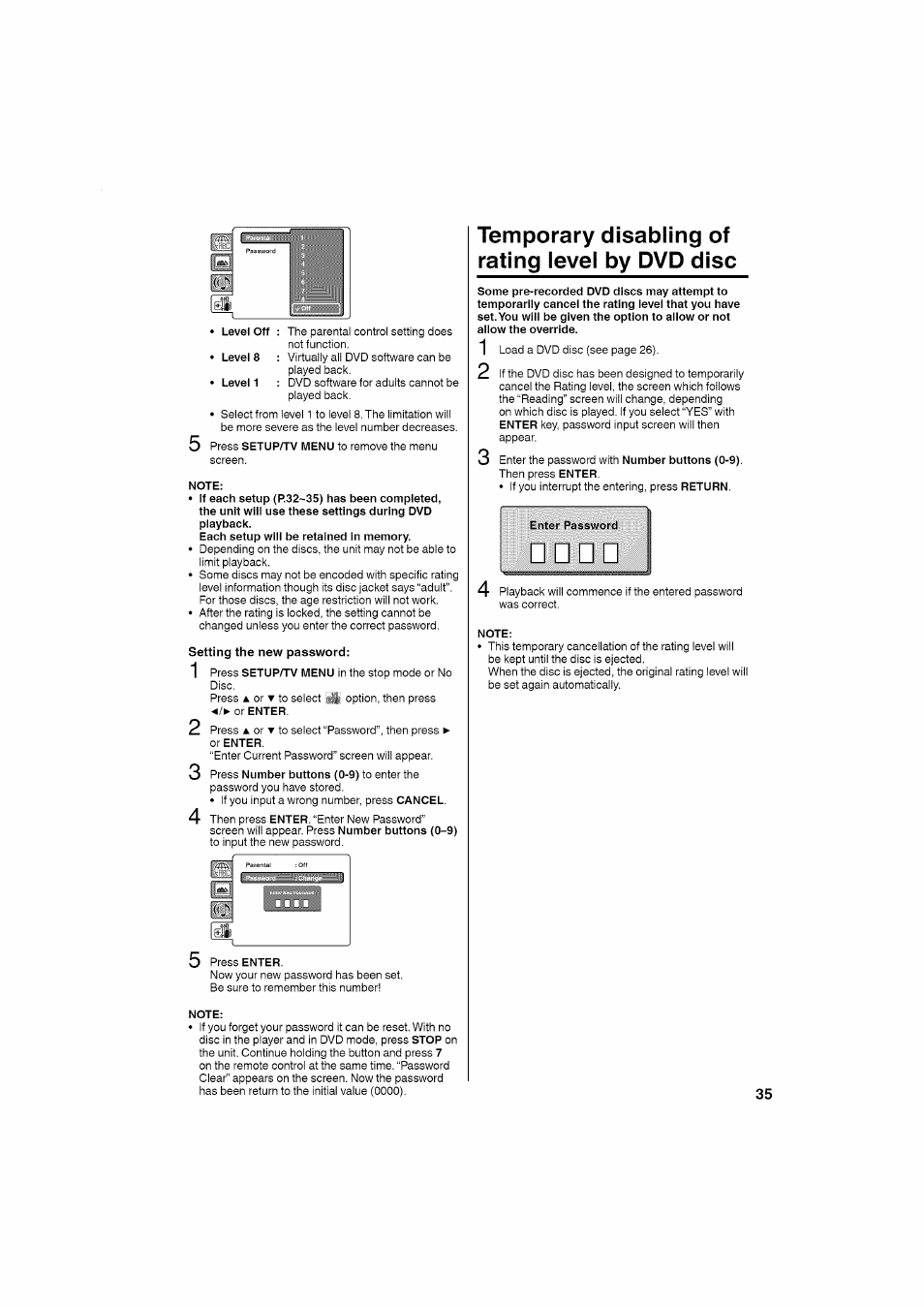 Note, Temporary disabling of rating level by dvd disc, Enter password | RCA LCD L26HD35D User Manual | Page 35 / 46