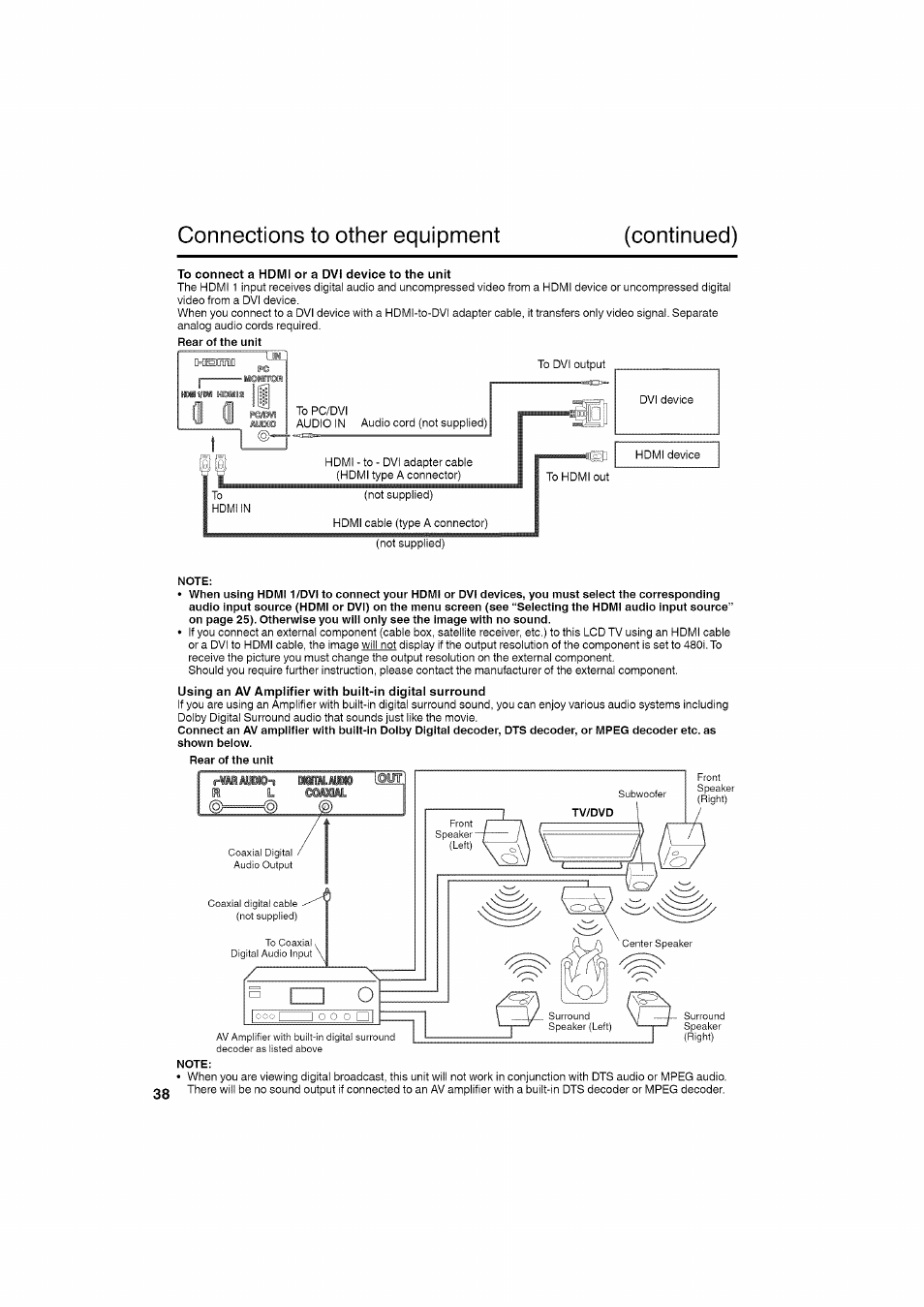 Note, Connections to other equipment (continued) | RCA LCD L26HD35D User Manual | Page 38 / 46