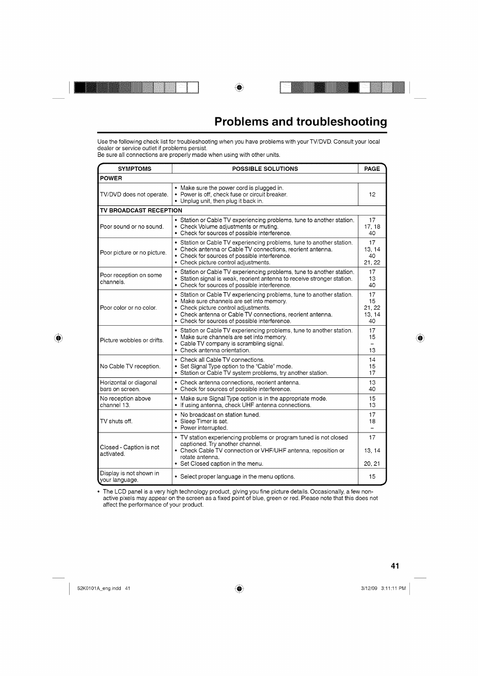 Problems and troubleshooting | RCA LCD L26HD35D User Manual | Page 41 / 46