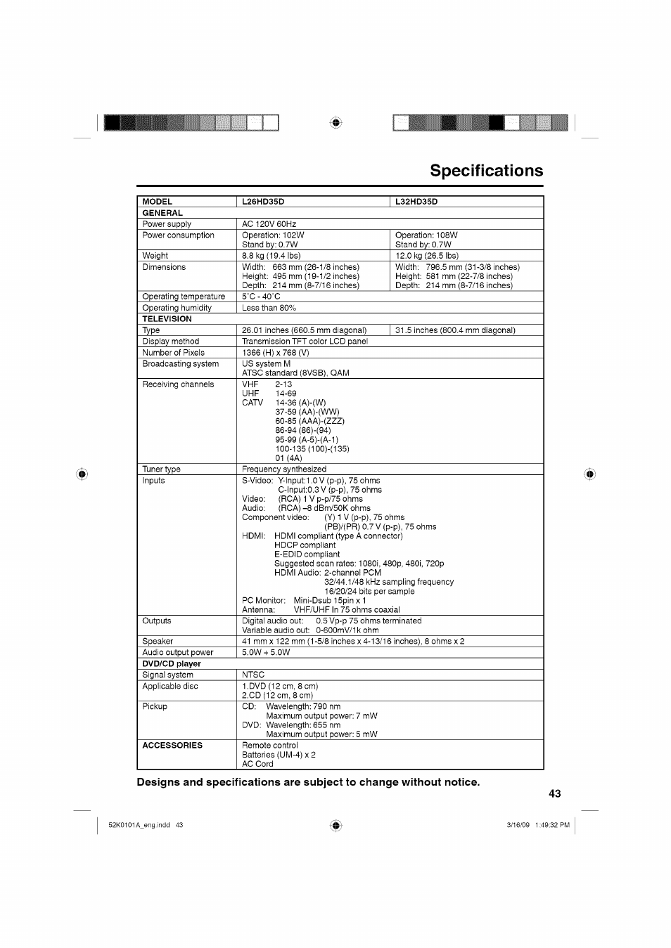 Specifications | RCA LCD L26HD35D User Manual | Page 43 / 46