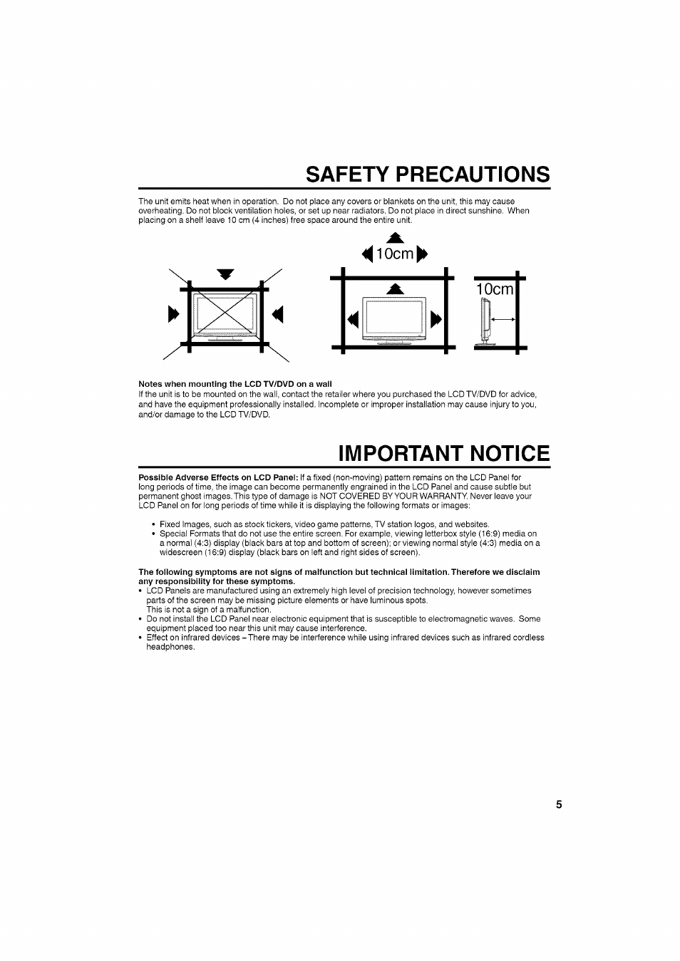 Safety precautions, Notes when mounting the lcd tv/dvd on a wall, Important notice | RCA LCD L26HD35D User Manual | Page 5 / 46