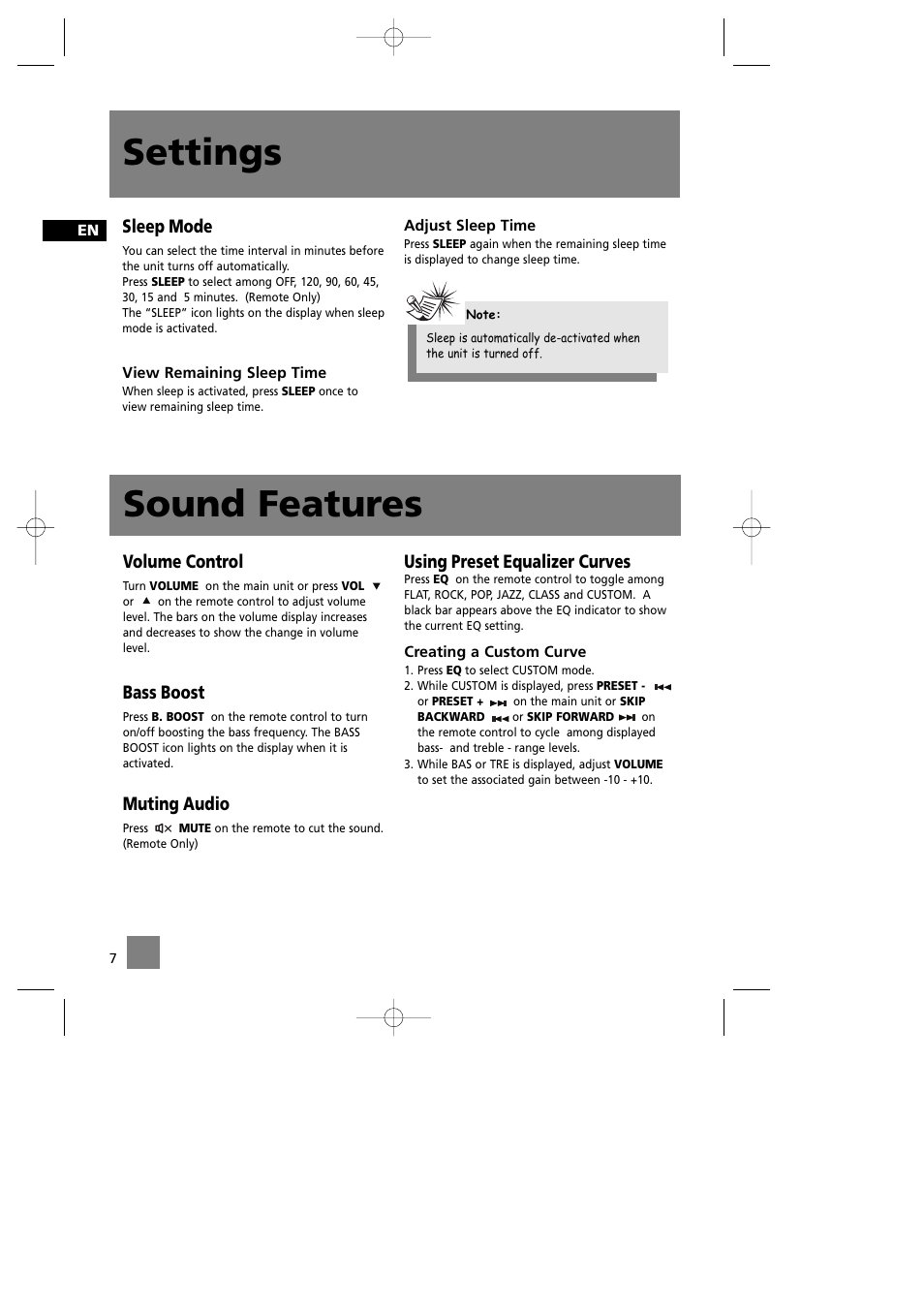 Settings, Sound features, Sleep mode | Volume control, Bass boost, Muting audio, Using preset equalizer curves | RCA RS2042 User Manual | Page 11 / 22