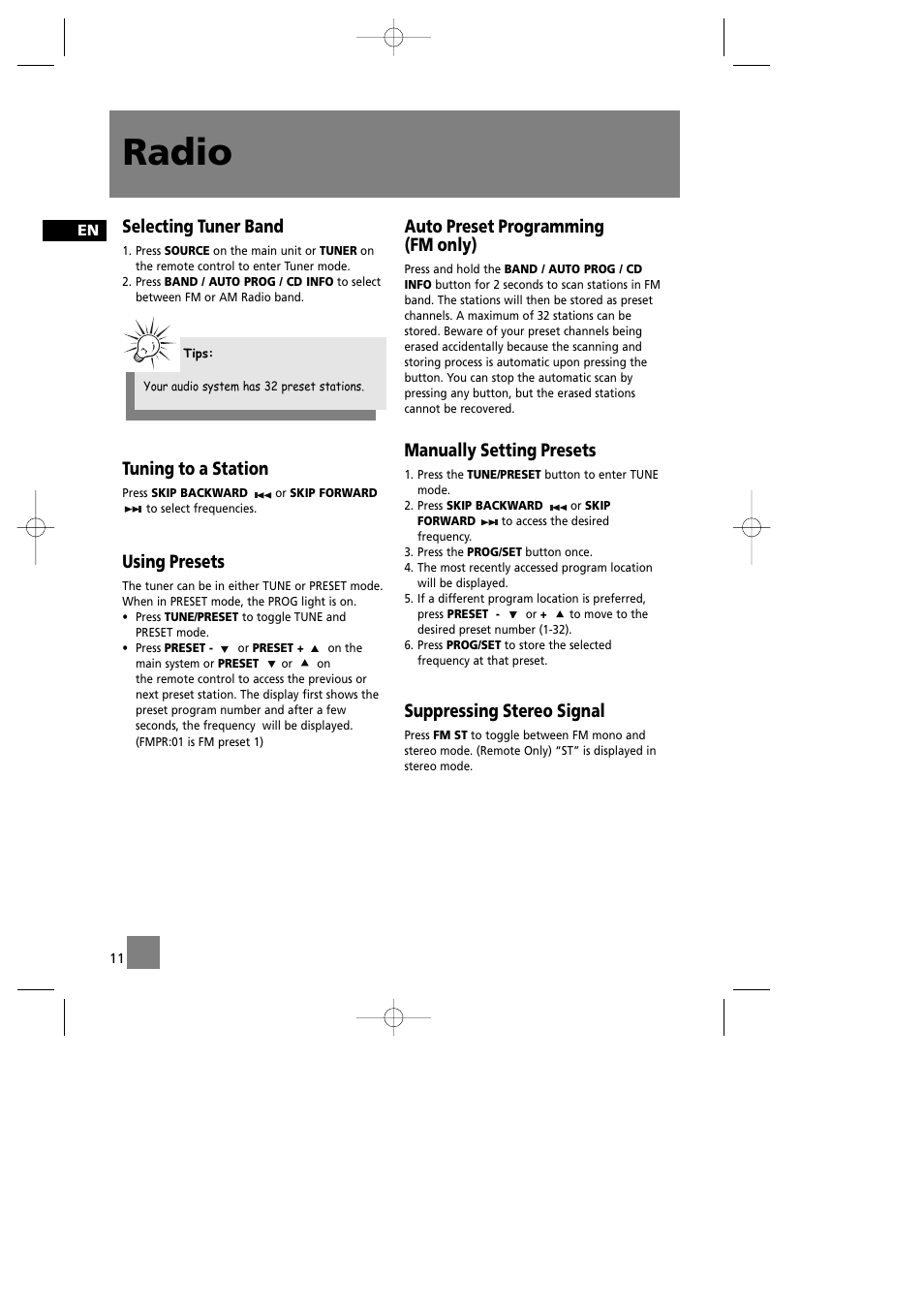 Radio, Selecting tuner band, Tuning to a station | Using presets, Auto preset programming (fm only), Manually setting presets, Suppressing stereo signal | RCA RS2042 User Manual | Page 15 / 22