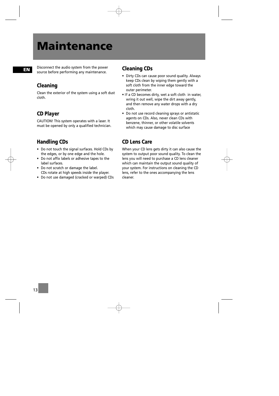 Maintenance, Cleaning, Cd player | Handling cds, Cleaning cds, Cd lens care | RCA RS2042 User Manual | Page 17 / 22