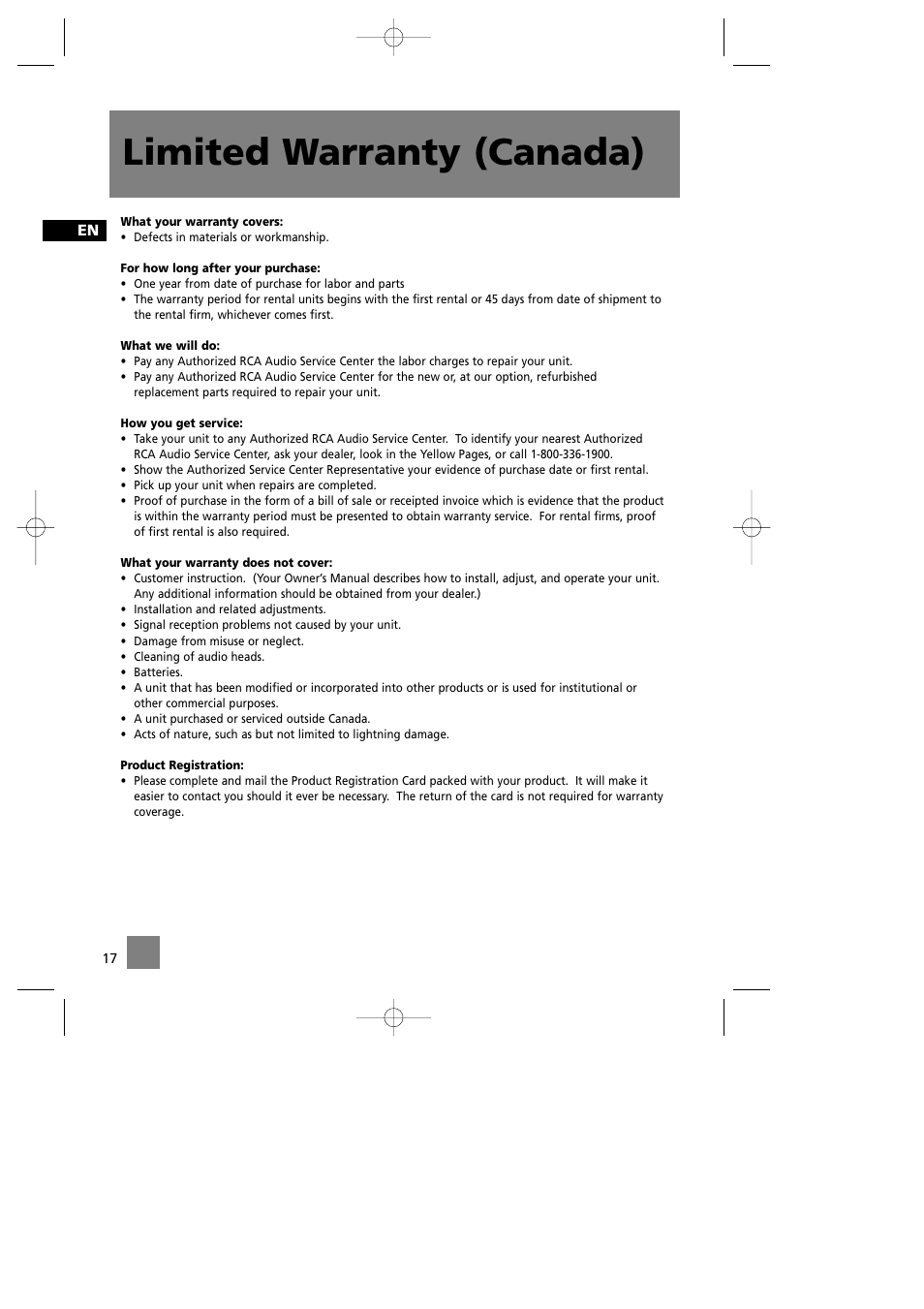 Limited warranty (canada) | RCA RS2042 User Manual | Page 21 / 22