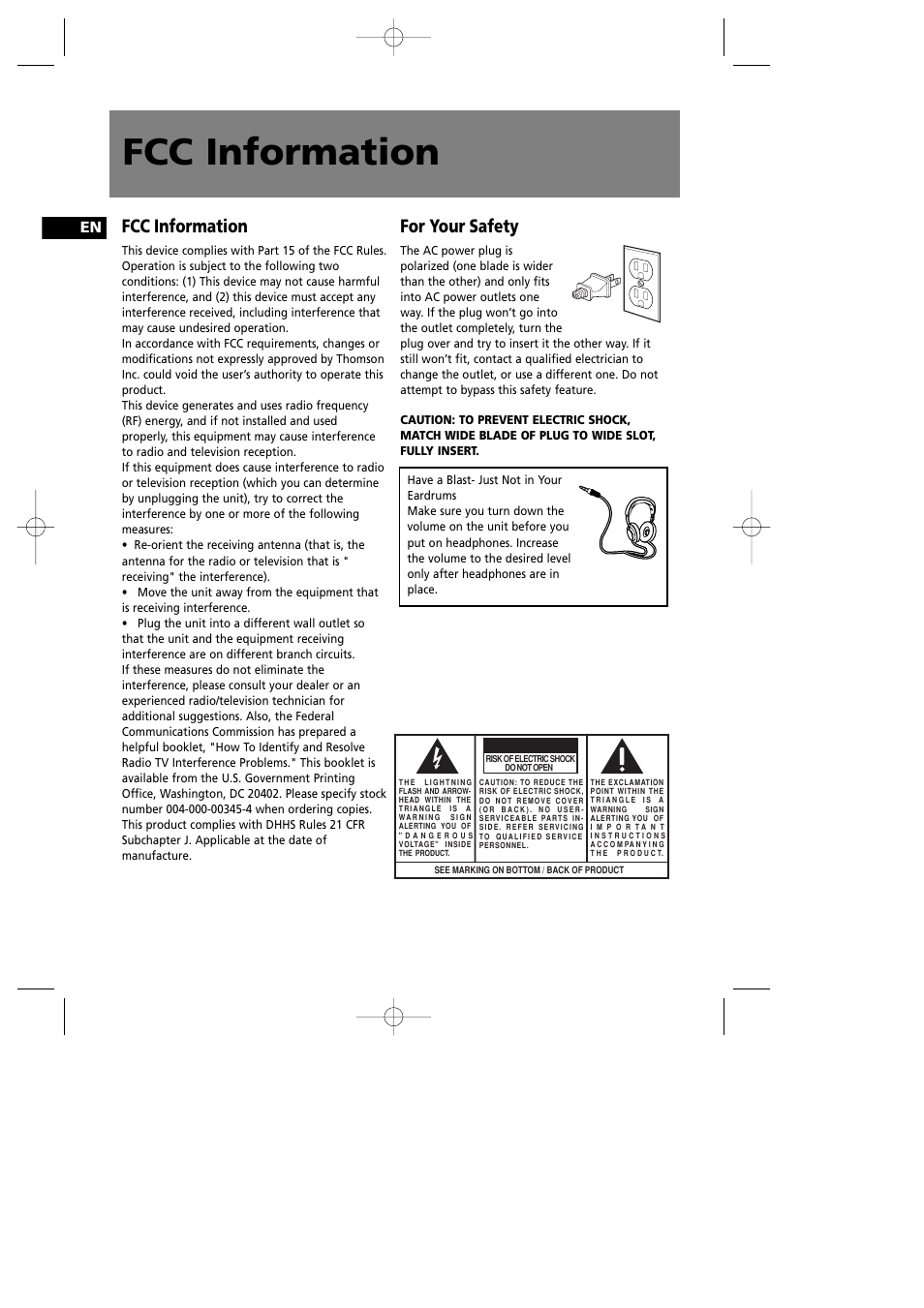 Fcc information, For your safety | RCA RS2042 User Manual | Page 3 / 22