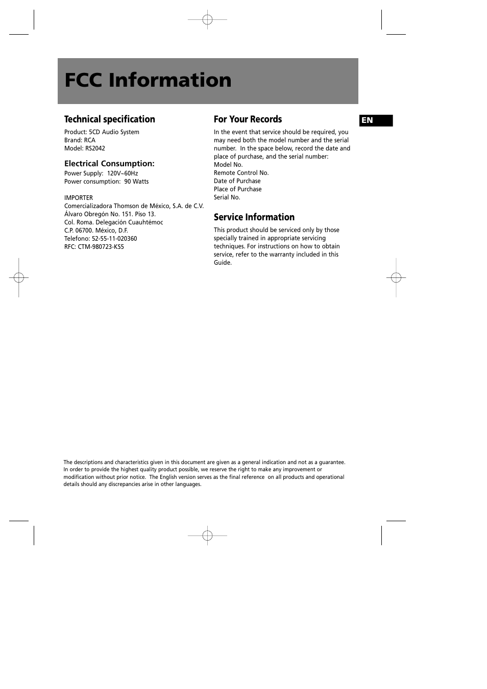 Fcc information | RCA RS2042 User Manual | Page 4 / 22