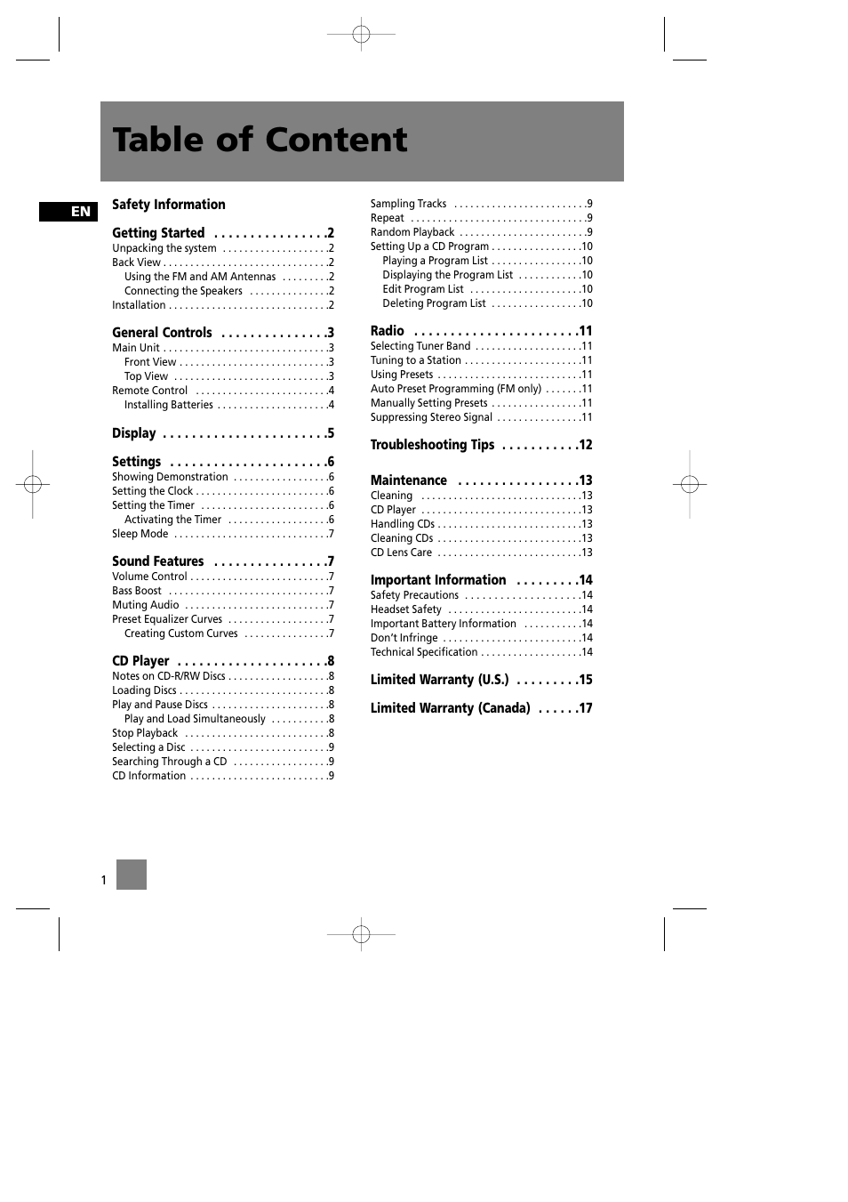 Table of content | RCA RS2042 User Manual | Page 5 / 22