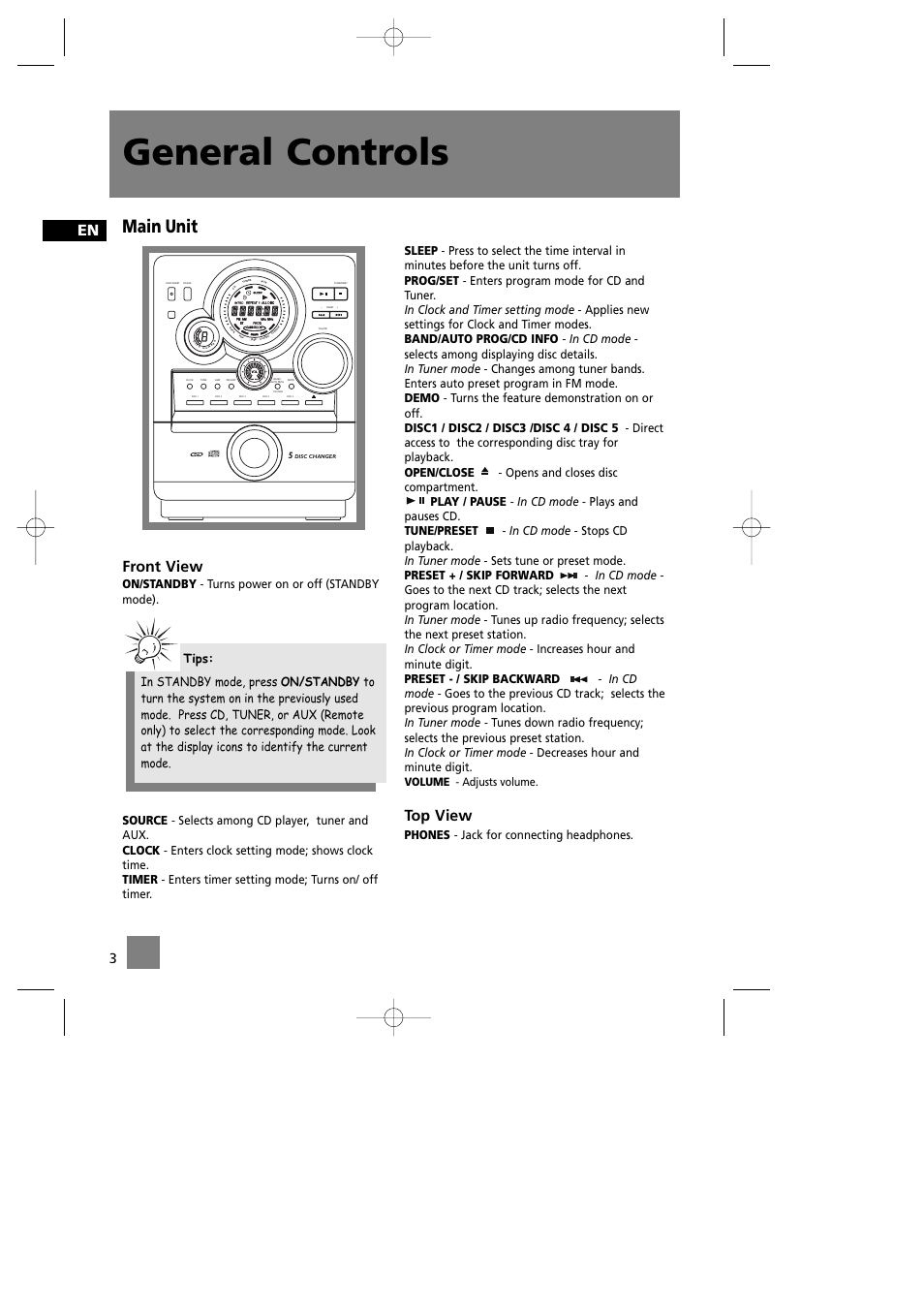 General controls, Main unit, Front view | Top view, Cd-r / rw compatible, Phones - jack for connecting headphones | RCA RS2042 User Manual | Page 7 / 22