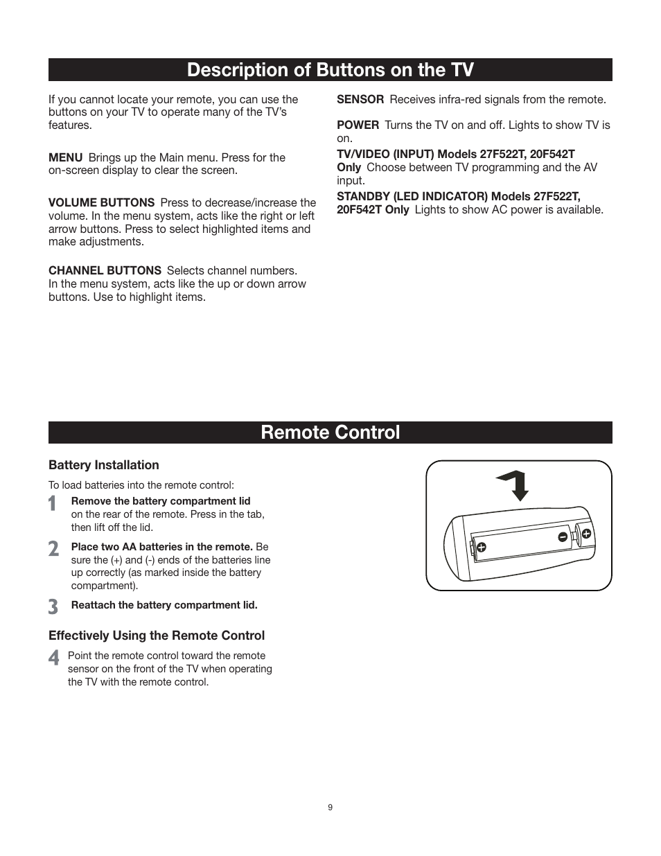 Description of buttons on the tv, Remote control | RCA 27F522T User Manual | Page 10 / 40