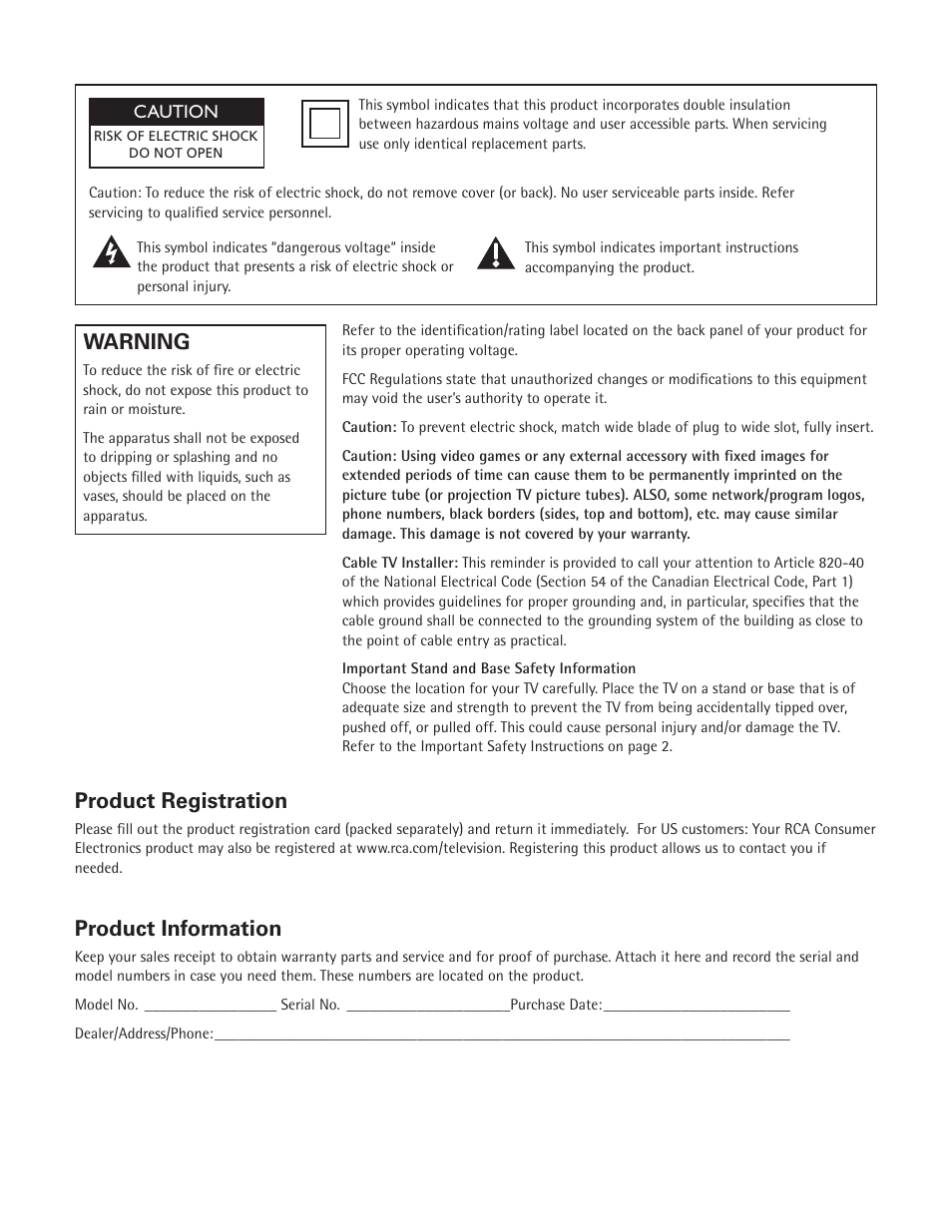 Product registration, Product information, Warning | RCA 27F522T User Manual | Page 2 / 40