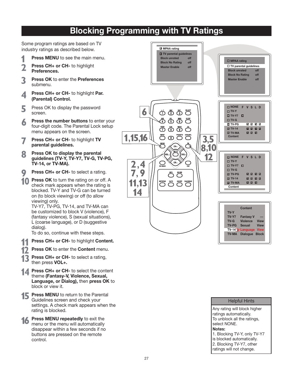 Blocking programming with tv ratings | RCA 27F522T User Manual | Page 28 / 40