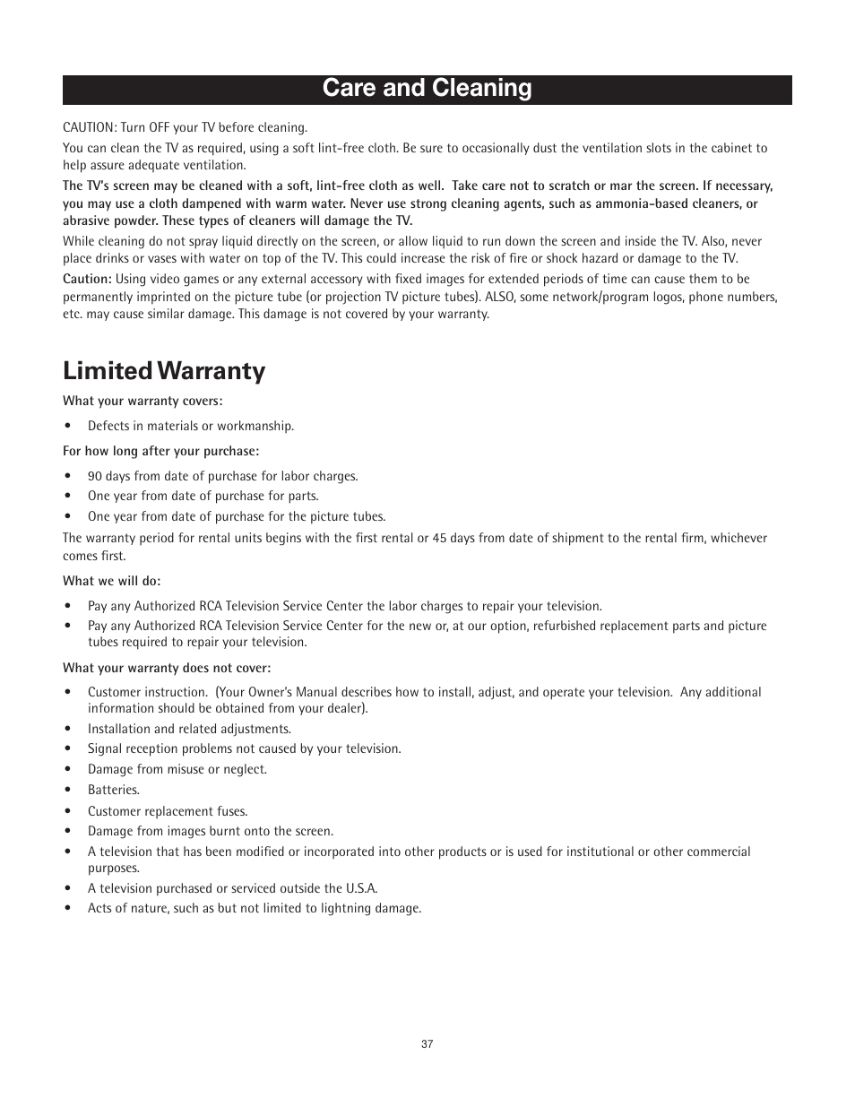 Limited warranty, Care and cleaning | RCA 27F522T User Manual | Page 38 / 40
