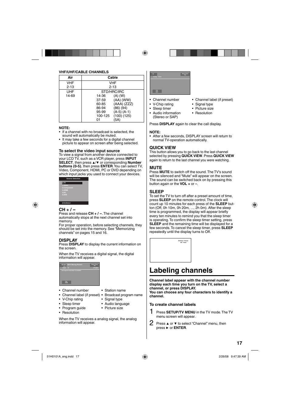 Labeling channels, Display, Quick view | Mute, Sleep | RCA L22HD32D User Manual | Page 17 / 44