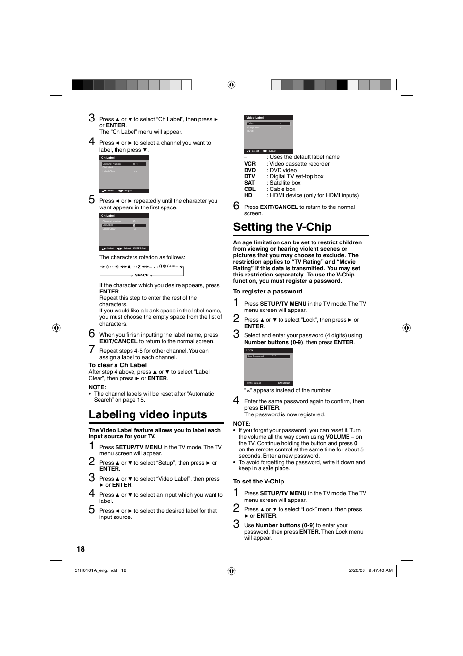 Labeling video inputs, Setting the v-chip | RCA L22HD32D User Manual | Page 18 / 44