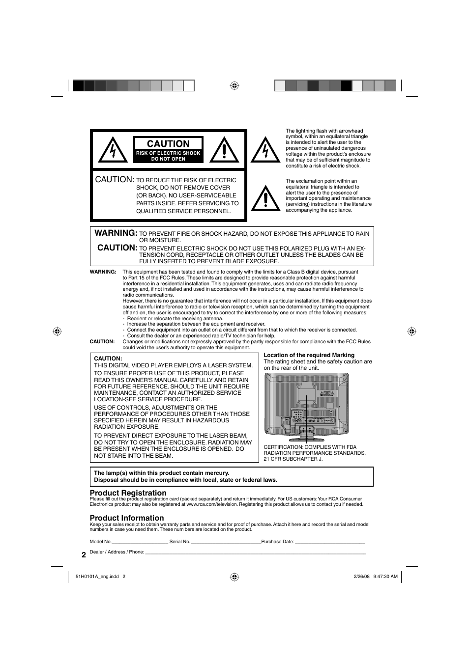 Caution, Warning, Product registration | Product information | RCA L22HD32D User Manual | Page 2 / 44