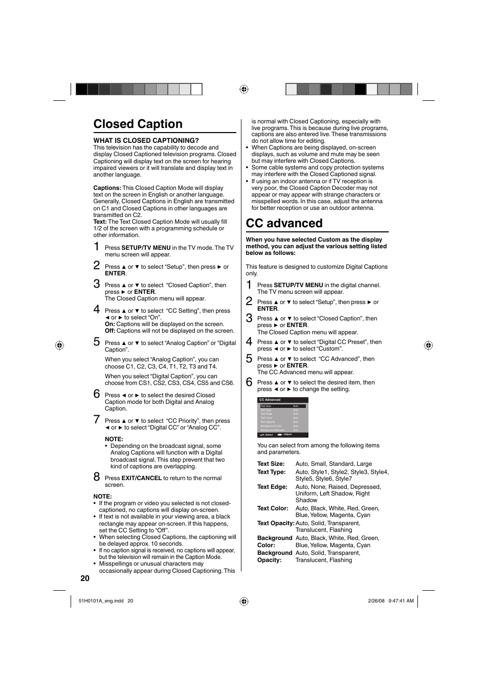Closed caption, Cc advanced | RCA L22HD32D User Manual | Page 20 / 44