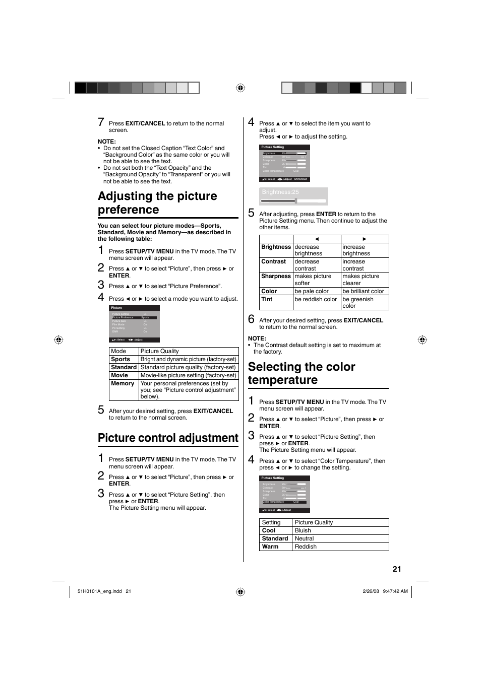 Adjusting the picture preference, Picture control adjustment 1, Selecting the color temperature 1 | RCA L22HD32D User Manual | Page 21 / 44