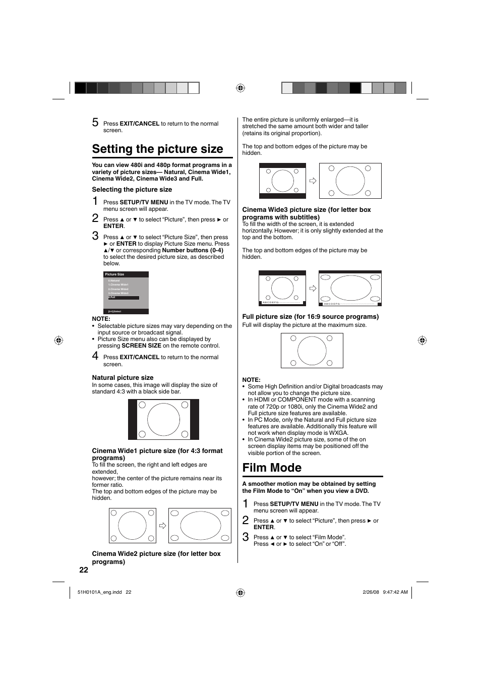 Setting the picture size, Film mode | RCA L22HD32D User Manual | Page 22 / 44