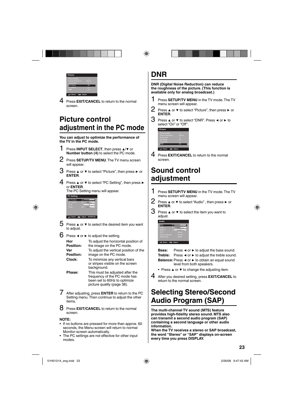 Picture control adjustment in the pc mode, Sound control adjustment 1, Selecting stereo/second audio program (sap) | RCA L22HD32D User Manual | Page 23 / 44