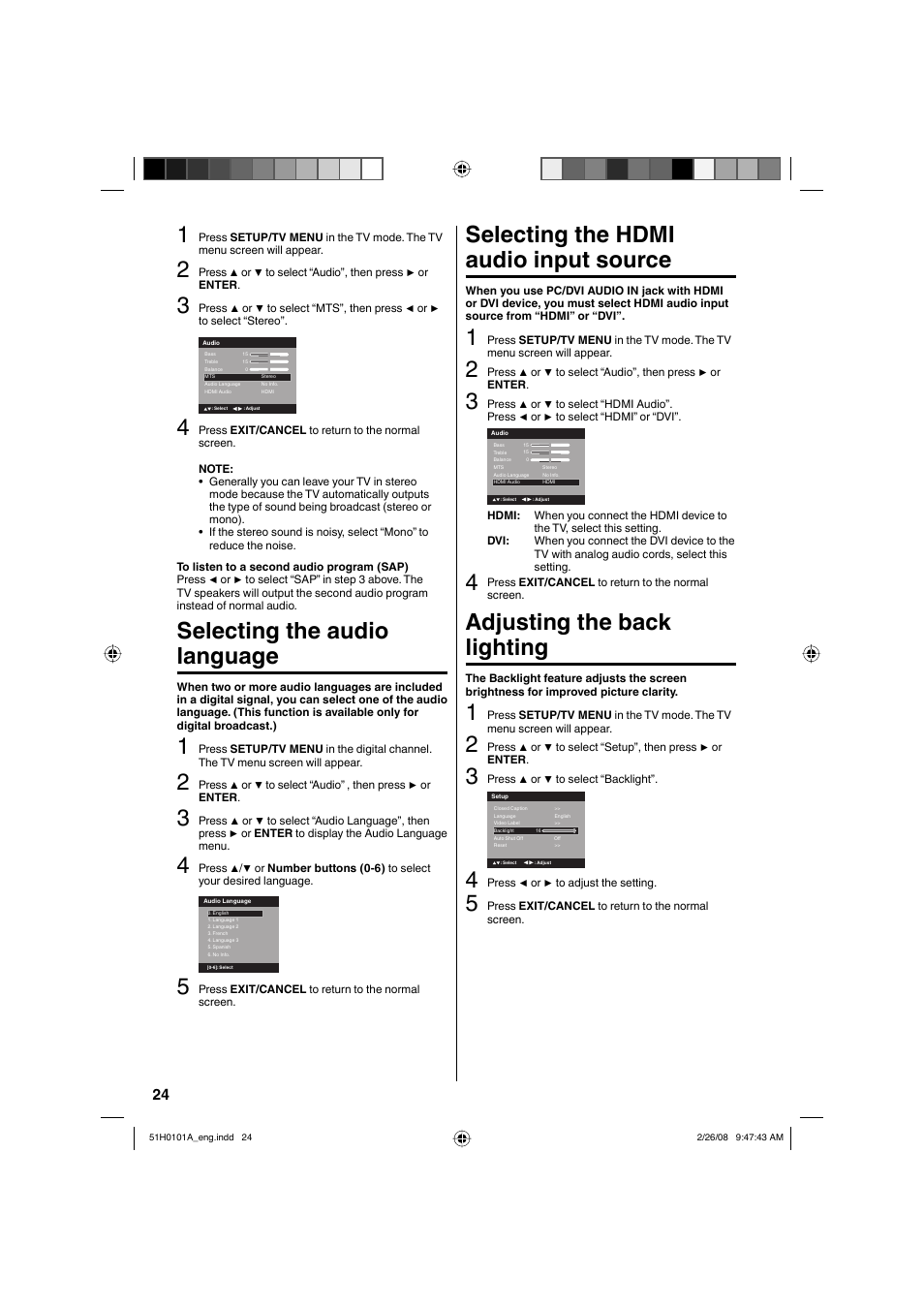 Selecting the audio language, Selecting the hdmi audio input source, Adjusting the back lighting | RCA L22HD32D User Manual | Page 24 / 44