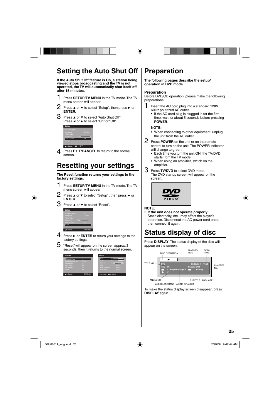 Setting the auto shut off, Resetting your settings, Preparation | Status display of disc | RCA L22HD32D User Manual | Page 25 / 44
