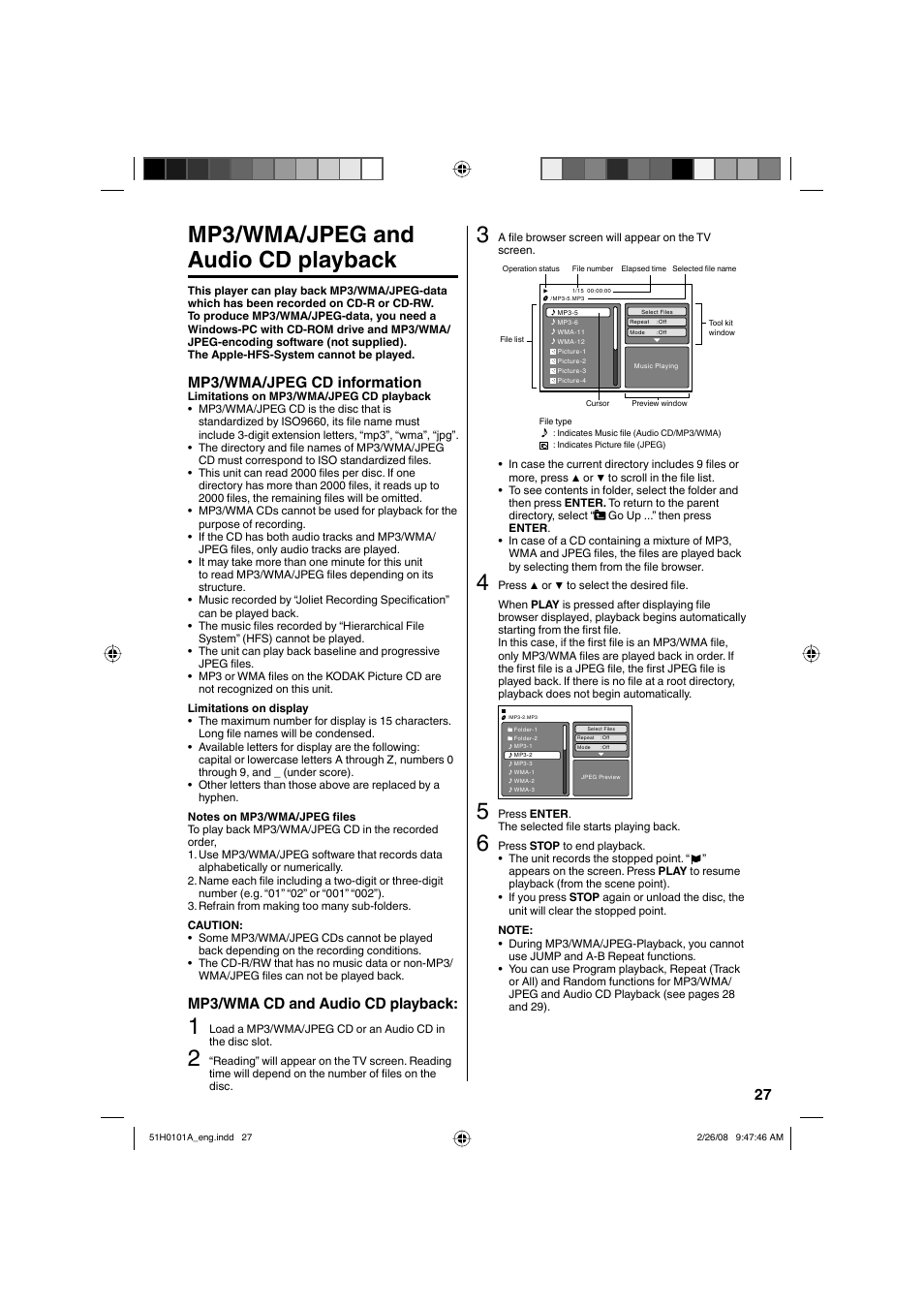 Mp3/wma/jpeg and audio cd playback, Mp3/wma/jpeg cd information, Mp3/wma cd and audio cd playback | RCA L22HD32D User Manual | Page 27 / 44