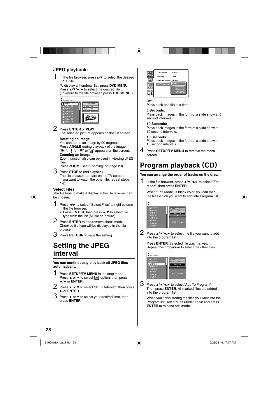 Setting the jpeg interval, Program playback (cd), 28 jpeg playback | RCA L22HD32D User Manual | Page 28 / 44