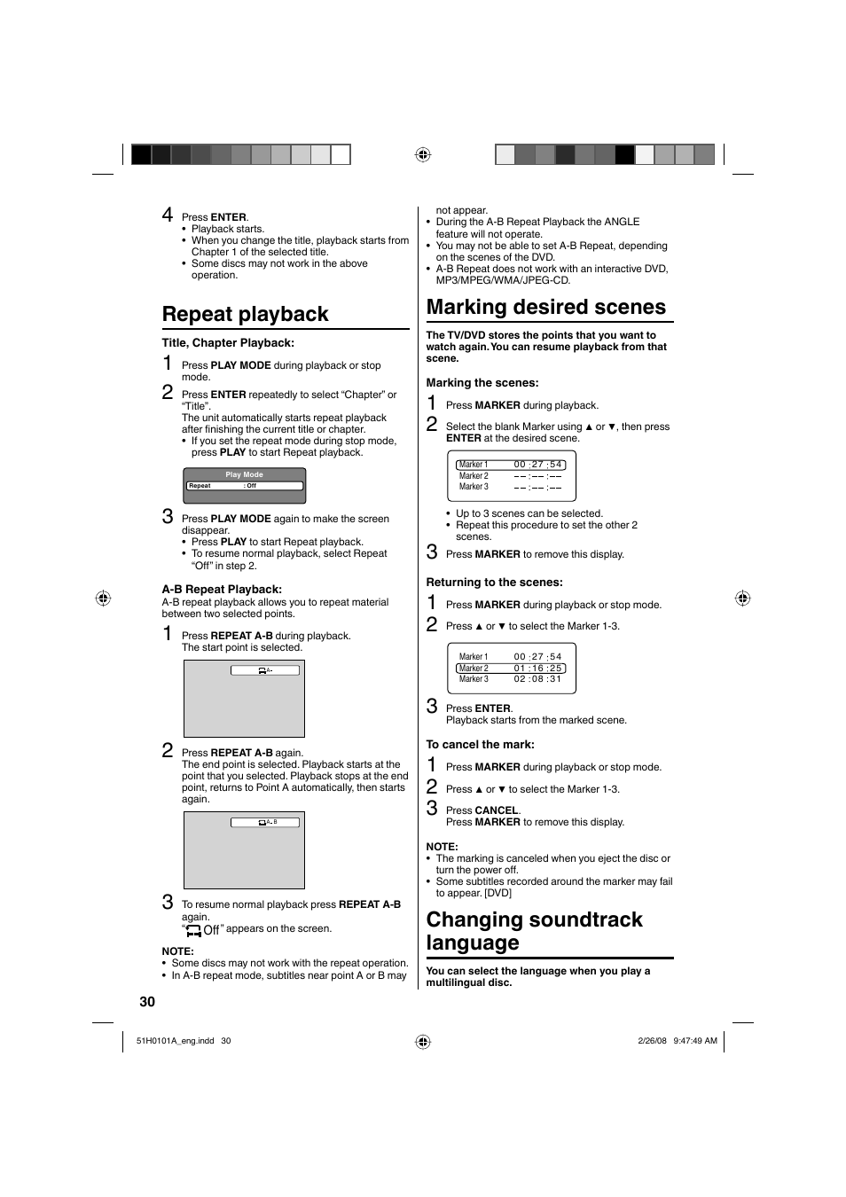 Repeat playback, Marking desired scenes, Changing soundtrack language | RCA L22HD32D User Manual | Page 30 / 44