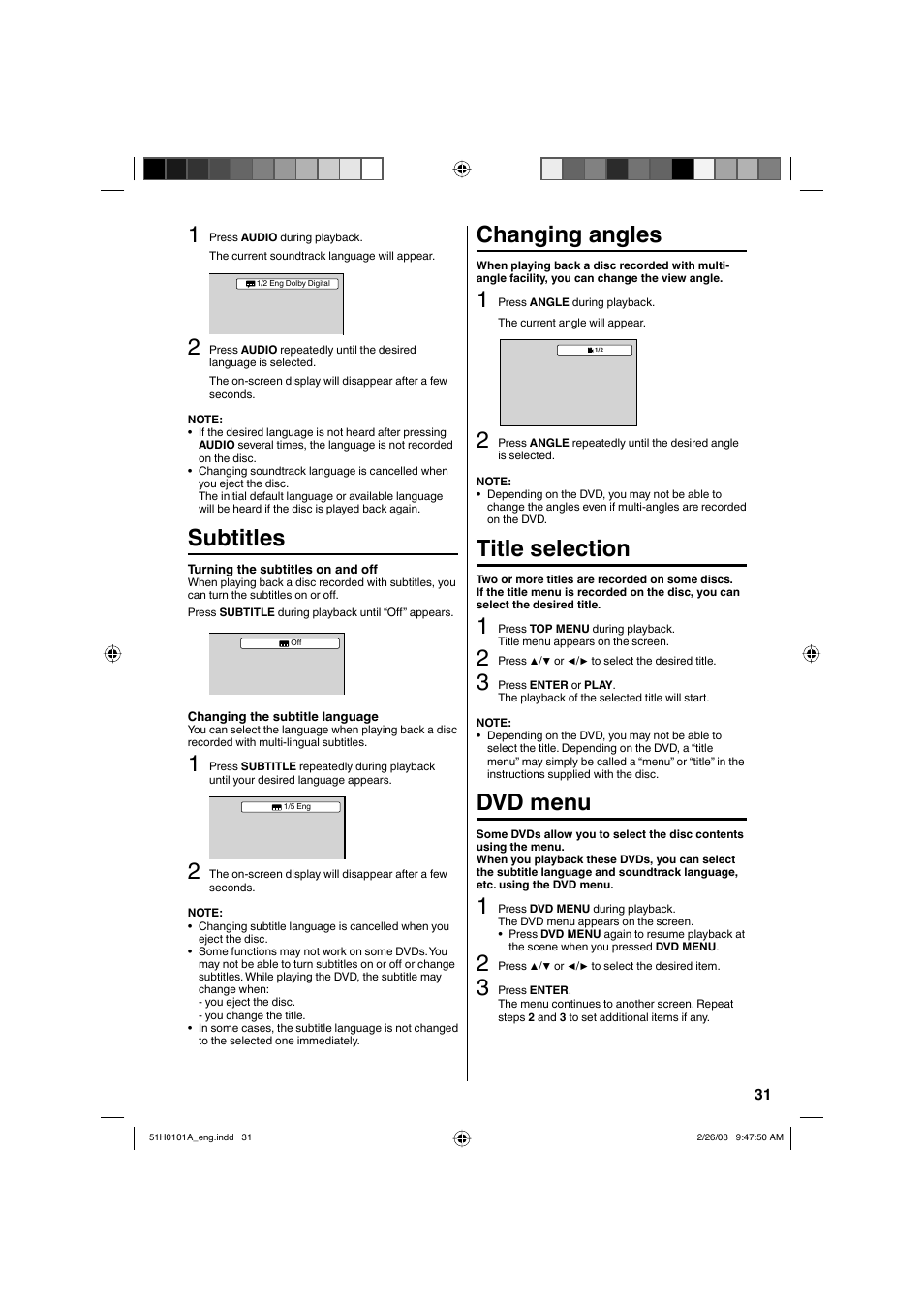 Subtitles, Changing angles, Title selection | Dvd menu | RCA L22HD32D User Manual | Page 31 / 44