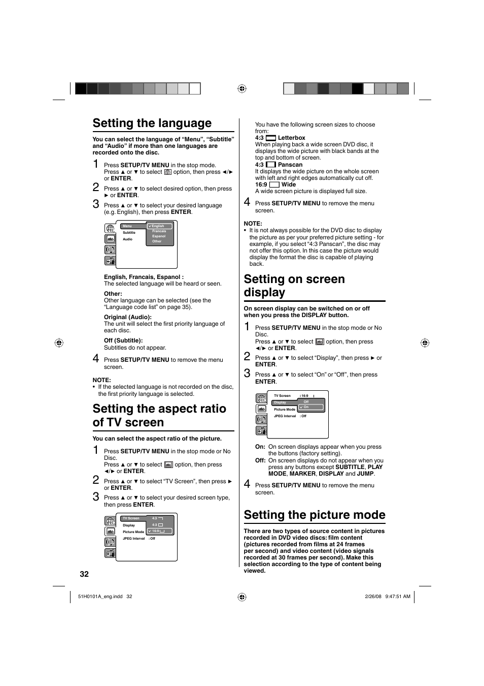 Setting the language, Setting the aspect ratio of tv screen, Setting on screen display | Setting the picture mode | RCA L22HD32D User Manual | Page 32 / 44