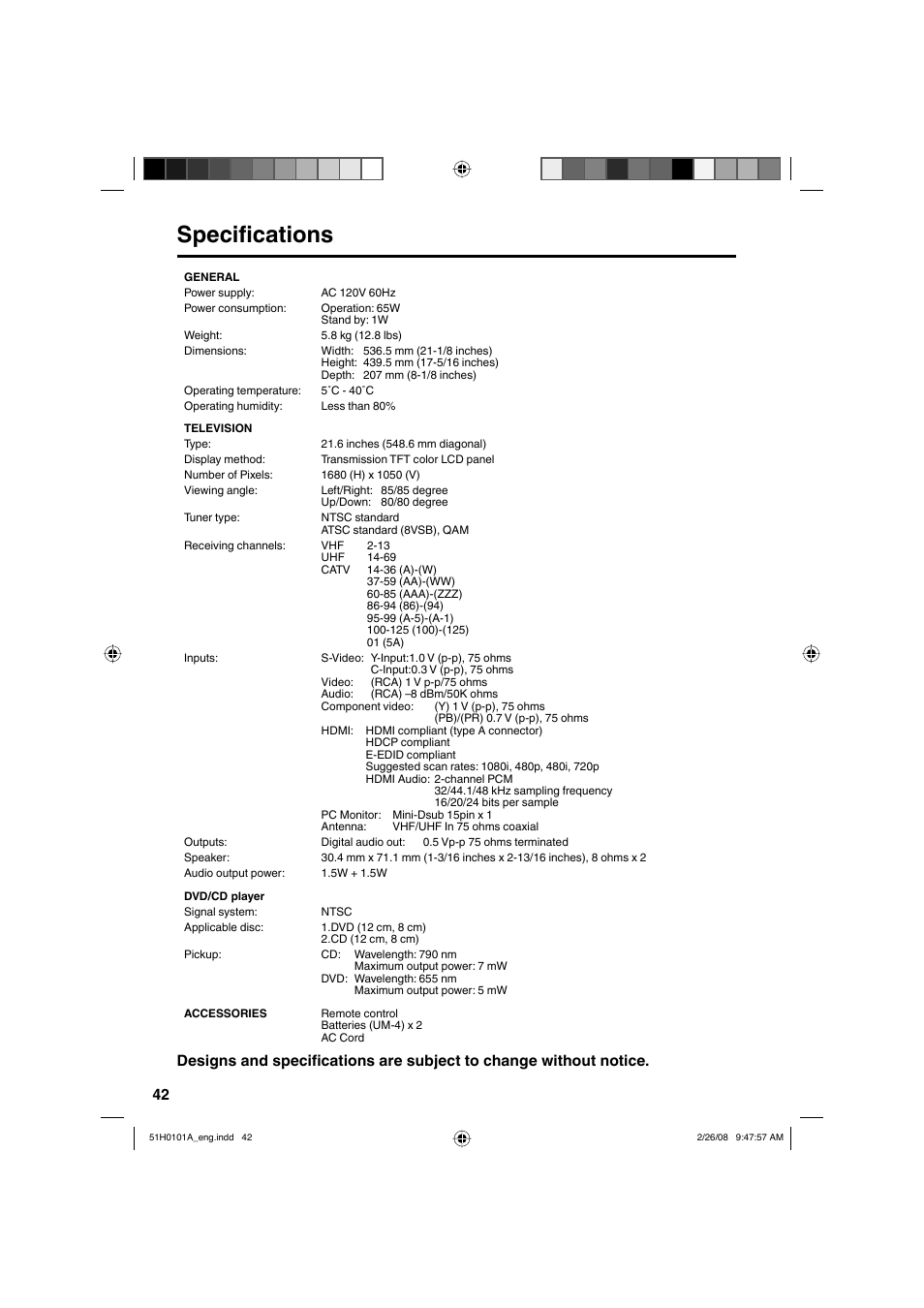 Specifications | RCA L22HD32D User Manual | Page 42 / 44