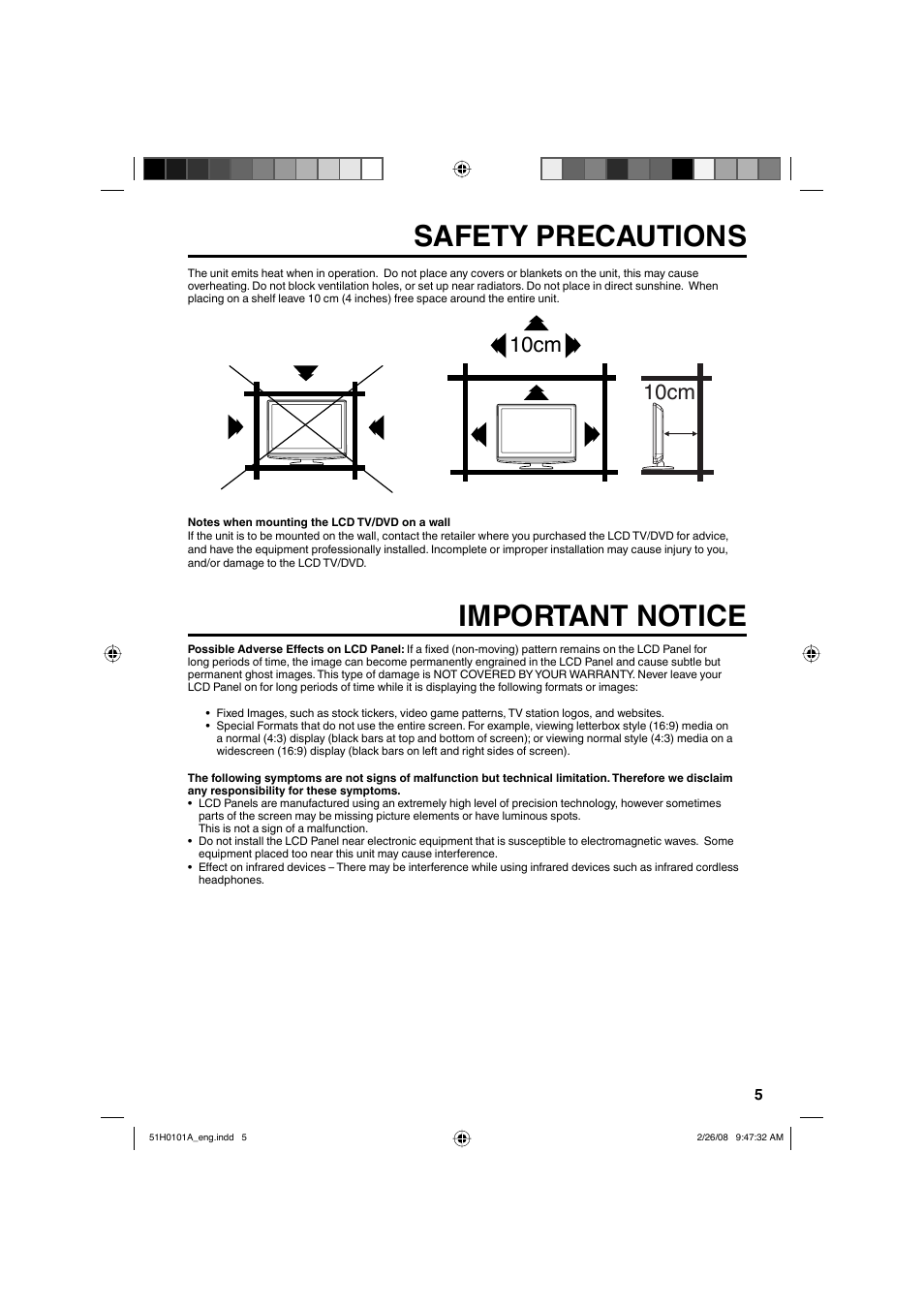 Important notice, Safety precautions, 10cm | RCA L22HD32D User Manual | Page 5 / 44