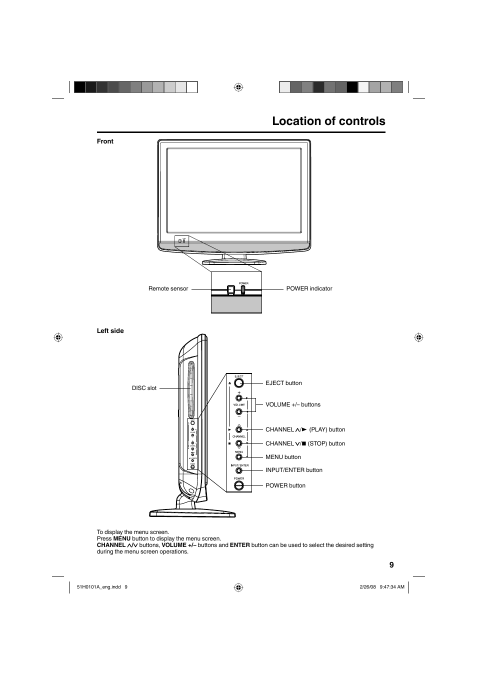 Location of controls | RCA L22HD32D User Manual | Page 9 / 44